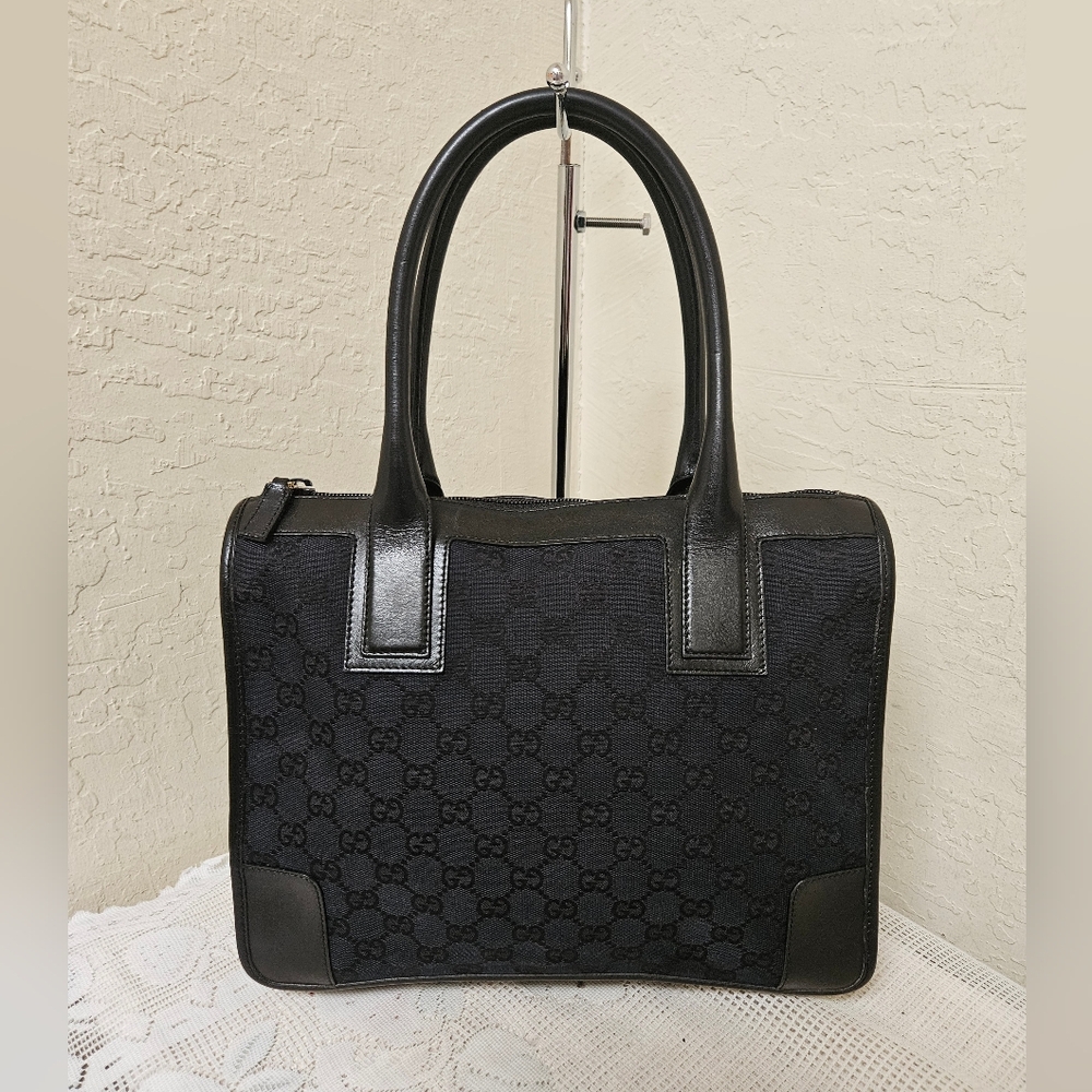 GUCCI GG Canvas Leather Black Vintage Handbag Tote Bag AUTHENTIC
